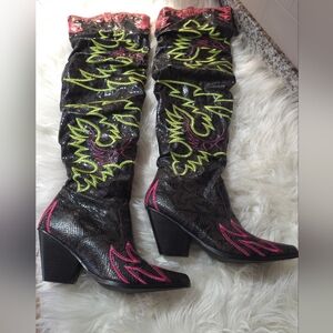 Cape Robbin Black Knee-High Heeled Boots with Neon Green and Hot Pink Embroidery